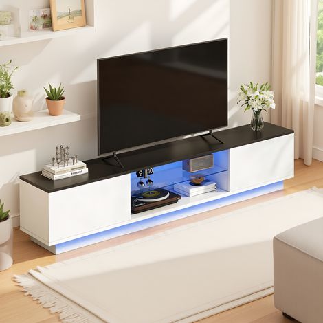 TV Lowboard mit LED-Beleuchtung, TV-Schrank mit zwei Schiebetüren und 2 offenen Fächern, modern TV - Table, Für Wohnzimmer, Esszimmer und Schlafzimmer, Weiß, 140 x 32 x 35 cm (1/5)