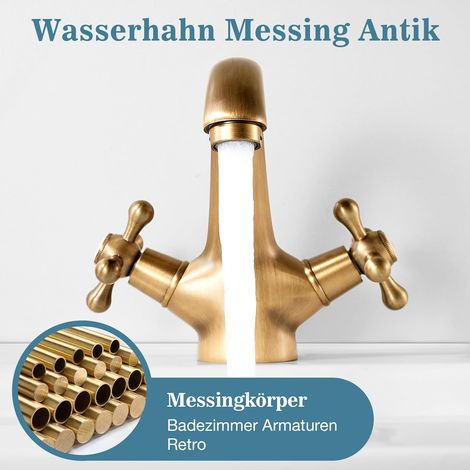 Rubinetto miscelatore per lavabo a doppia maniglia in stile retrò spazzolato, rubinetto da bagno in ottone anticato, rubinetto per lavabo vintage - ALTRO (1/3)