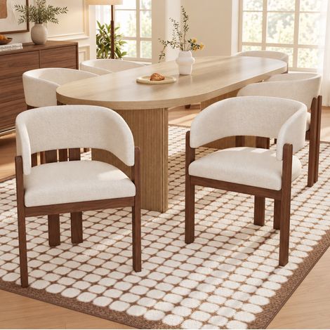 Lot de 4 chaises de salle à manger avec accoudoirs, bouclette et bois, beige/noyer OKMYHOME (1/5)