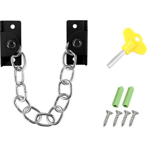 Verrou de fenêtre sans trou en acier inoxydable, chaîne de sécurité enfant, butée de verrouillage de sécurité extérieure, chaîne antivol (chaîne de sécurité noire (perforée) (1/5)