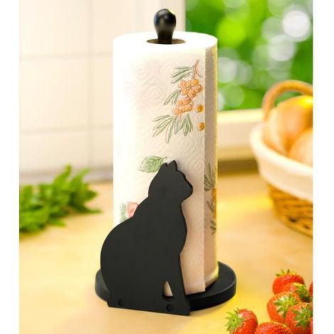 Support Rouleaux Essuie-Tout Chat - Bois Laqué Noir - Convient Pour Rouleaux Cuisine Standard - Capacité 3 Rouleaux - Dimensions 15 x 30 x 15 cm