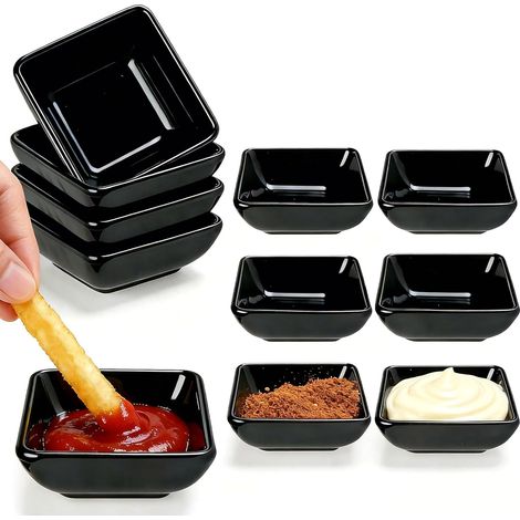 Set mit 10 quadratischen Saucenschalen – Schwarzes Melamin – Stapelbar und bruchfest – Für Sushi, Grillgerichte und Vorspeisen – 7,5 x 7,5 x 3 cm (1/5)
