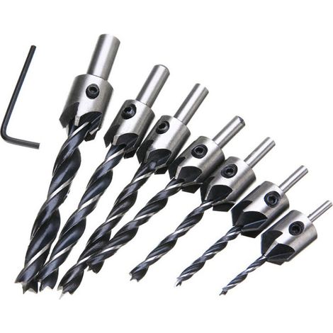 Fraise Bois Mèche à Bois 5 Flûte Foret Conique Set en HSS Acier à Haute Vitesse à Bois Aésoir Chanfreinage Outil 3 4 5 6 7 8 10mm Avec Clé Hexagonaleb 7pcs (1/5)