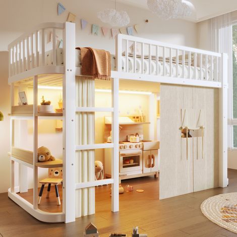 Lit mezzanine enfant 90x200cm avec éclairage LED,rideaux occultants,espace inférieur,métal lit superposé avec echelle,barrière,Cadre de lit ado,Blanc (1/5)