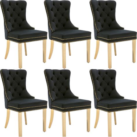 Lot de 6 chaises de salle à manger en velours noir avec anneau dossier, clous décoratifs et pieds dorés en métal, pour cuisine ou salon CHICFURN (1/5)