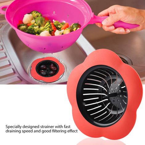Crépine d'évier en plastique en forme de fleur, bouchon de vidange, accessoires de cuisine et de salle de bain (rouge) (1/5)