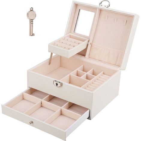 Boîte de Rangement pour Bijoux en Cuir PU Imperméable, Organisateur à Double Couche Grande Capacité pour Accessoires, Blanc (1/5)