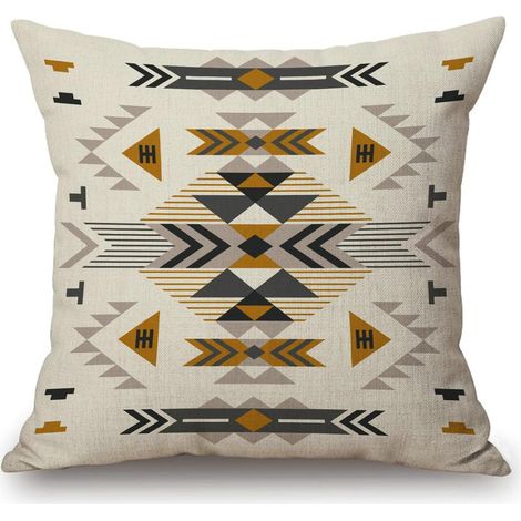 Funda de cojín de algodón y lino con estampado geométrico nativo americano, 45 x 45 cm. (1/5)