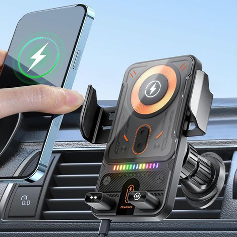 Support de téléphone portable pour voiture 15 W avec fonction de charge, magnétique, sans fil, avec clip d'aération, pivot télescopique motorisé avec détection automatique pour iPhone et Android (1/5)