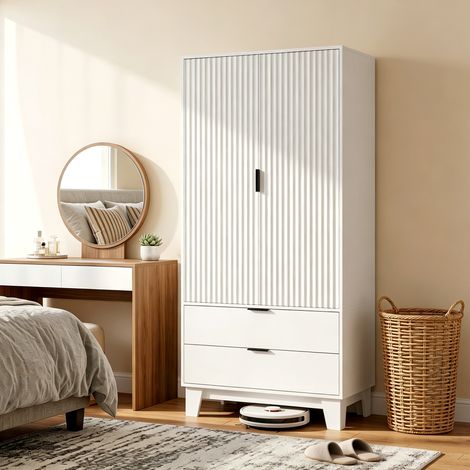Armoire chambre penderie avec 2 portes à fermeture douce, 2 tiroirs et barre de suspension, 80x50x180cm, blanc (1/5)