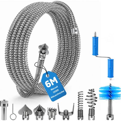 6m Spirale de Nettoyage de Canalisation 12mm Acier Galvanisé Kit 7 Têtes Utilisable et 2 Adaptateurs Manuel ou Électrique Deboucheur Canalisation Professionnel pour tuyaux 30 à 80mm Évier Toilette Dou (1/5)
