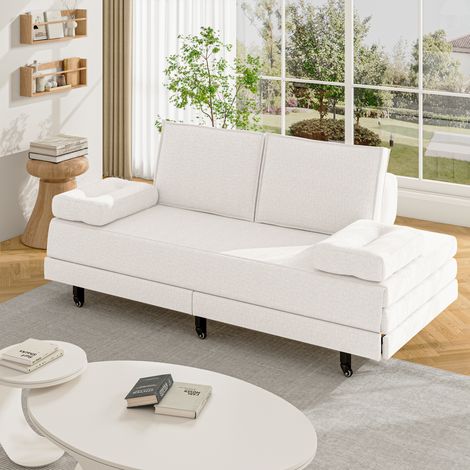 Letto 90x200 cm (180x200 cm), divano letto, estensibile e pieghevole, con rotelle, lino, bianco (1/5)