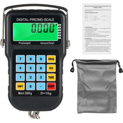 Balanza para peces de 50 kg (110 lb) con pantalla LCD retroiluminada, portátil, electrónica, digital, para colgar, con cinta métrica, para caza, pesca, cocina y transporte marítimo. (1/5)