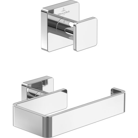 Villeroy & Boch Elements-Striking Badaccessoire-Set (2 in 1 Bundle), Bad Zubehör Set bestehend aus Handtuchhaken und Toilettenpapierhalter ohne Deckel, Chrom (1/3)