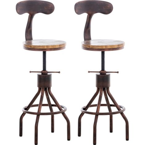 Juego de 2 taburetes de bar industriales en madera y metal bronce – Altura regulable con respaldo y reposapiés 100006486