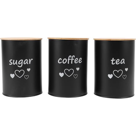 Boîte à café hermétique en fer, 3 pièces, récipient de stockage de grains, pot alimentaire avec couvercle pour la cuisine, thé, céréales, sucre, noir (1/5)