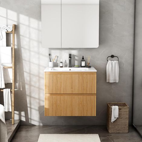 WUMAGIN - Meuble simple vasque - 52x46x60cm - Décor chêne avec vasque - Doté de deux tiroirs - Design moderne européen - Pour aux salles de bains, toilettes et salles de douche - Brun