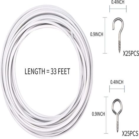 10 Meter langes Federseil, 25 Ösenhaken, 25 Fragezeichenhaken, kunststoffummanteltes Gardinenseil mit Ösenhaken (1/5)