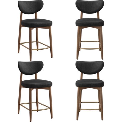 Lot de 4 Tabourets de Bar, Pieds en Bois Massif, Style Mid‑Century Modern, PU, Noir (1/5)