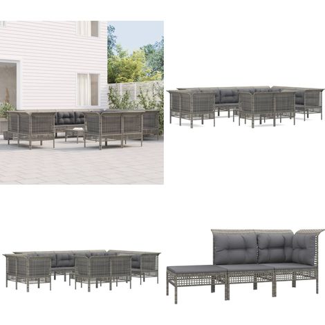 13-tlg. Garten-Lounge-Set mit Kissen Grau Poly Rattan - Gartenmöbel - Loungesessel - Outdoor Möbel - Rattan Gartenmöbel - Wetterfeste Gartenmöbel - Home & Living