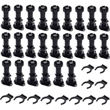 24 pieds Pieds D\'Armoire Plastique,Pied de Meuble,Pied Réglable pour Meuble,Noir Pieds de Meuble Plastique avec Clip Fixation Base pour Meubles de Cuisine,Armoire et Canapé (120mm-150mm) (1/4)