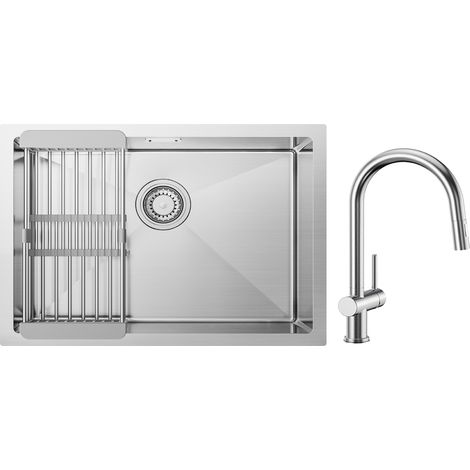 Fregadero de cocina cepillado de 1 seno con escurridor de 60×44 cm + grifo mezclador de cocina con rociador extraíble con 2 tipos de rociador cepillado (1/5)