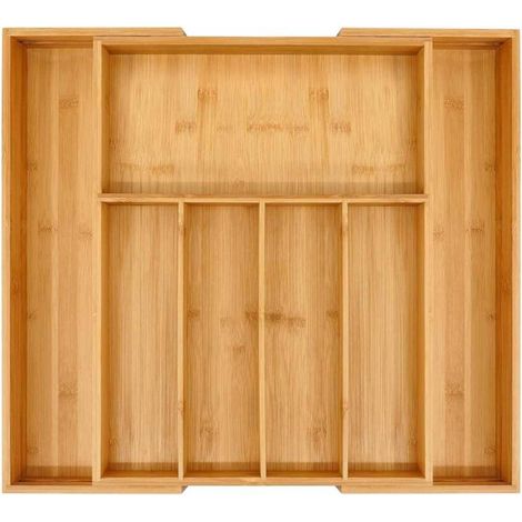 Boîte de rangement pour couverts en bambou, adaptée aux tiroirs, capacité de rangement extensible de 31,5 cm à 48 cm, support de rangement pour couverts de cuisine, séparateur cuillère/fourchette.
