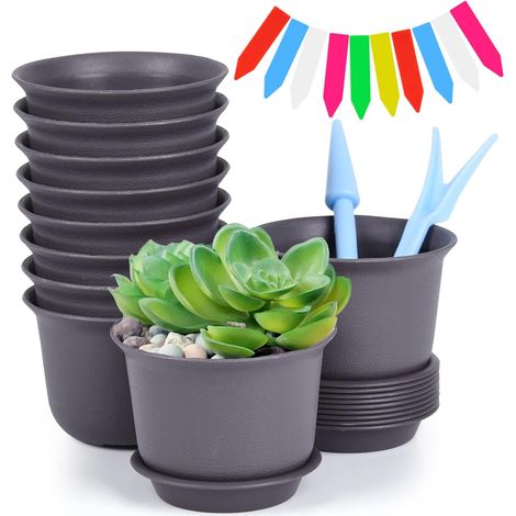 ZOLGINAH Pot de Plante Ronds avec Soucoupe 9 cm, 10 Pcs Pots de Jardinière et 28xÉtiquettes + 2xOutil, Petit Pot de Fleurs Conteneur de Plantes Pot de Semis Ronds Jardinage pour Interieur, Exterieur (1/5)