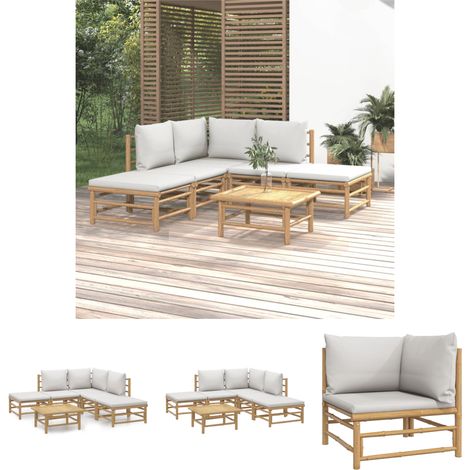 Gartenlounge - vidaXL 6-tlg. Garten-Lounge-Set mit Hellgrauen Kissen Bambus - Gartenmöbel Bambus (1/5)