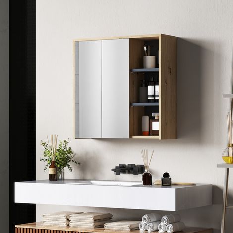 Meuble de Salle de Bain avec Miroir Armoire avec Miroir pour Salle de Bain avec Étagères Style Moderne 60x20x60 cm Bois Naturel