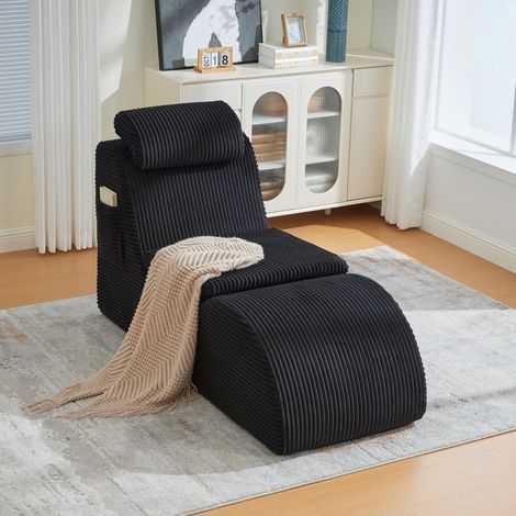 REDOM - Sillón individual ergonómico diseño individual, cojín de cabeza ajustable, bolsillo lateral, terciopelo acanalado negro (1/5)