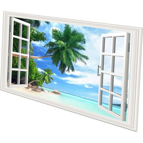 Autocollant de Fenêtre 3d Imitation en Vinyle Amovible sans Résidu, Décoration Murale pour Magasins et Bureaux, Paysage Plage et Forêt Lumineux, Dimensions 33,8 X 22 Pouces (1/5)