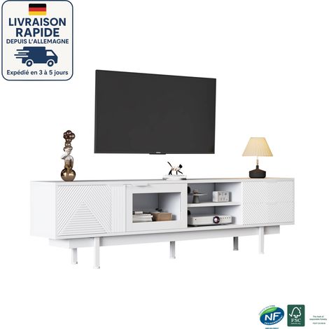 Meuble TV 200 cm - Simplicité moderne - 2 portes 2 tiroirs - 2 étagères semi-ouvertes au milieu - Pour téléviseurs 80" - Blanc (1/5)