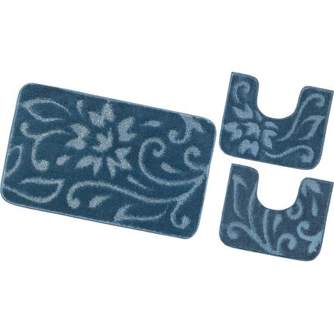 Tappeto Bagno Set 3 Pezzi Tinta Unita Antiscivolo Assorbente Morbido 100% Made In Italy - Blu