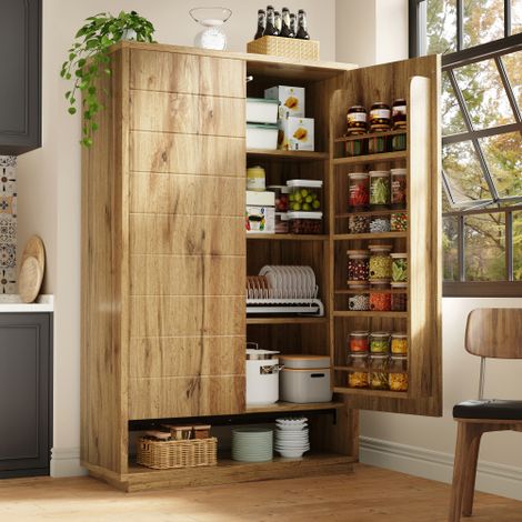 Armoire haute à double porte 100 × 40 × 162,5 cm, meuble de cuisine avec 8 compartiments ouverts et 8 étagères, portes à ouverture par simple pression, dispositif anti-basculement, aspect bois, chêne (1/5)