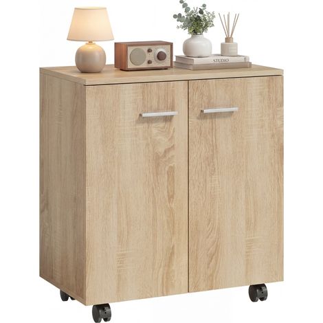 Aparador de Salón conRuedas 2 Puertas y Estantes para Sala de Estar Dormitorio Oficina 60x35x65 cm Natural (1/5)