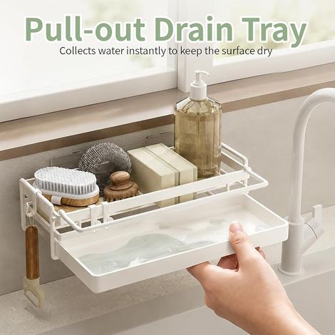 Sink Organizer, Dish Drying Rack Sponge Holder, Soap Sponge Holder Kitchen Sink, Metal Storage Shelf without Drilling with Cloth Holder for Kitchen and Bathroom, White (1/4)