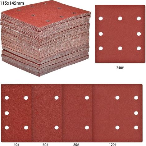 100 Stück rechteckige Schleifblätter - Körnung 40/60/80/120/240 - 8-Loch-Schleifpapier - Schleifblattzubehör für Exzenterschleifer (115 x 145 mm) (1/5)