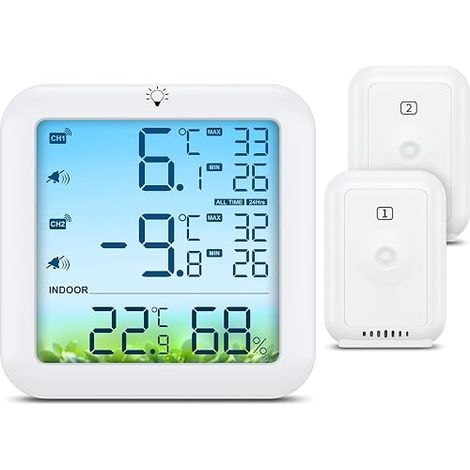Thermomètre de Réfrigérateur Sans Fil, Thermomètre Numérique avec 2 Capteurs, Ecran Couleur, Valeurs Max/Min, Alarme, Capteur de Température de Congélateur Alimenté par USB/pile pour Maison (1/5)