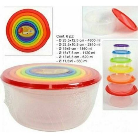 TrAdE Shop Traesio - Set 6 Pz Pezzi Contenitori In Plastica Tondi Con Coperchio Per Alimenti -