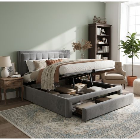 Cama tapizada estilo europeo de terciopelo gris 140x200 cm con cabecero regulable, somier de láminas y almacenaje (1/5)