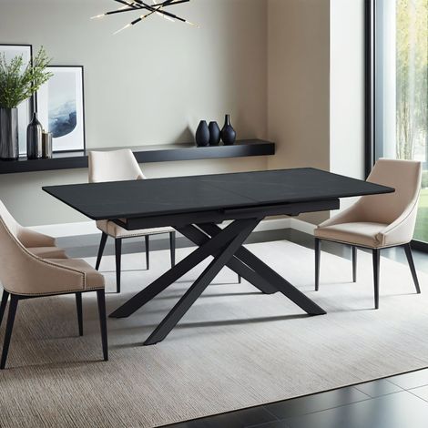 M&S – Table extensible 180-220 cm en céramique effet marbre noir – Pieds en métal anthracite – Design moderne et élégant