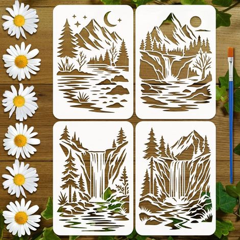 4PCS Pochoirs Montagnes Cascades avec 1Pc Pinceau 21x29.7cm Pochoirs Paysage Montagnard Modèle de Peinture Scène Naturelle Cascades pour Peinture sur Bois Mur Tissu Meuble (1/5)