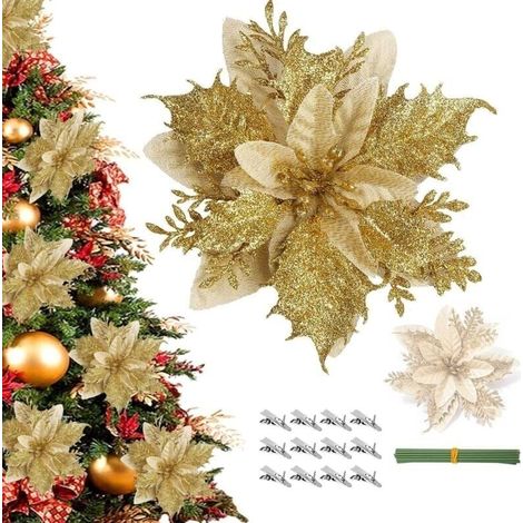 12 Weihnachtssternblüten, rote und goldene Deko-Weihnachtsblumen, glitzernde künstliche Weihnachtsblumen mit Clip und Stielen, gelb (1/4)