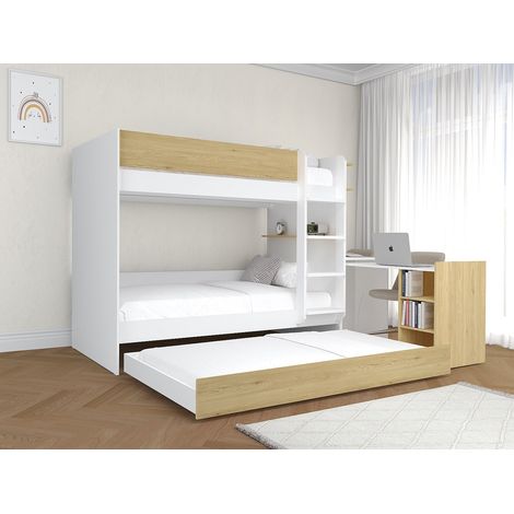 Letto a castello cassetto letto a scomparsa e 2 scrivanie 3x90x190cm Bianco e naturale + Materasso - DOMATI