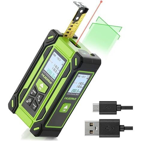 4-in-1 Rechargeable Laser Tape Measure 60m, High Accuracy ±1/16", Dual HD Screen, 33ft Green Cross Laser + 10ft Tape, for Distance, Surface, Volume, Pythagoras and Leveling