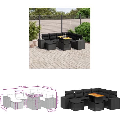 Salon de jardin 8 pcs avec coussins noir résine tressée - Ensemble Salon De Jardin - Meuble Extérieur - Résine Tressée - Rotin Synthétique - Table Extensible - Home & Living (1/3)