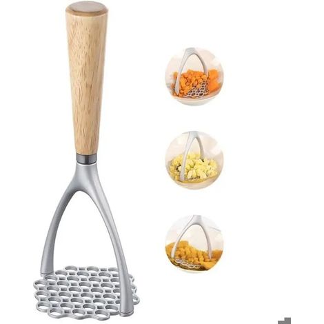 Presse-purée manuel à manche en bois pour usage culinaire. (1/4)