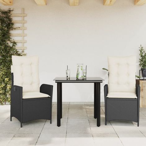 Set comedor de jardín 3 pzas con cojines ratán sintético negro