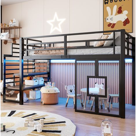 Letto a soppalco in metallo 90x200 cm con scala, contenitori, LED e finestre, nero OKWISH (1/5)